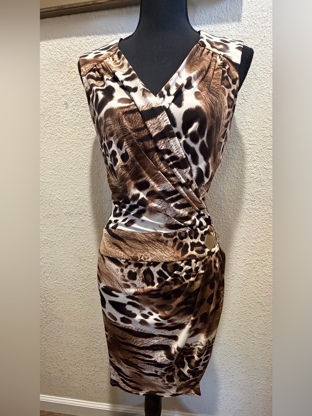Cache Brown and Cream Animal Print Sleeveless Bodycon Dress, vacation-wear,sexy